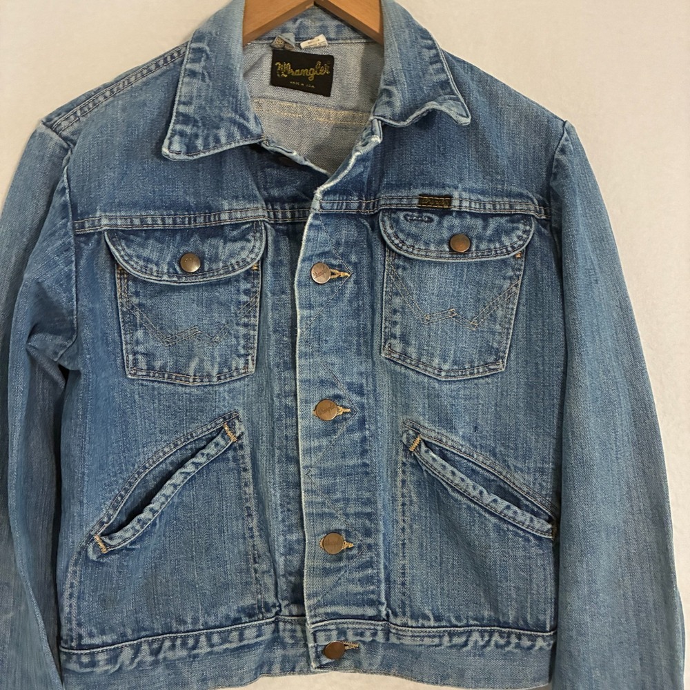 Vtg 70s 80s Wrangler 124MJ Denim USA Made Trucker Jacket Mens 36 Slant Pockets - Picture 2 of 14